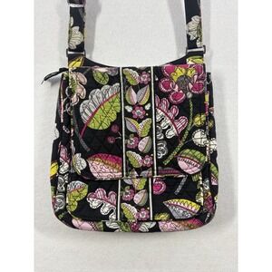 Vera‎ Bradley Messenger Bag Moon Blooms Triple Zip Hipster Crossbody Black EUC